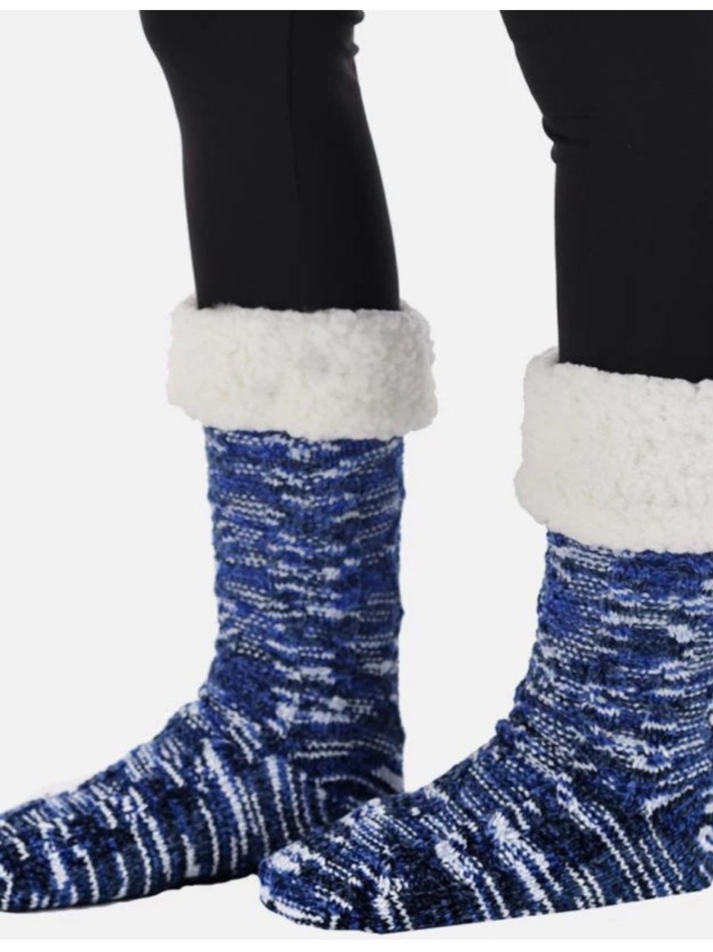 The Comfy Slipper Socks in a blue multi-color marled knit one size